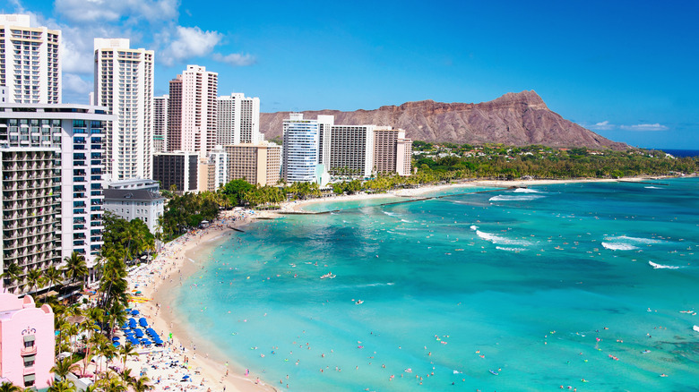 Hotels on the shore along Waikiki Beach in Oahu