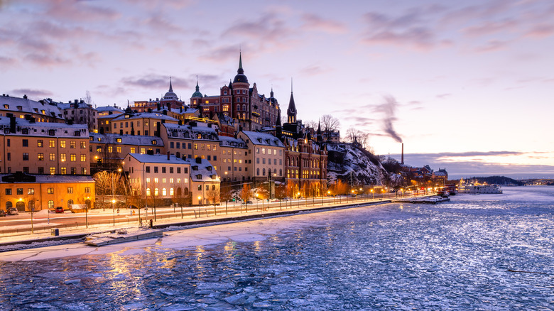 Icy waters surrounding Södermalm in Stockholm, Sweden