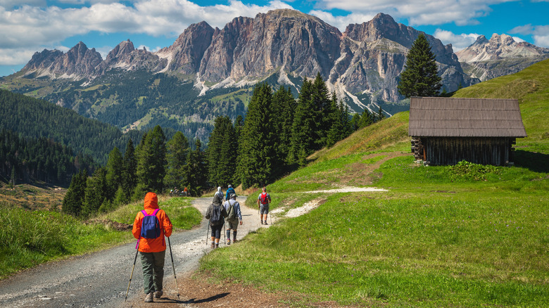 Hikers walk along a trail lined with meadows past a wooden hut towards a mountain range