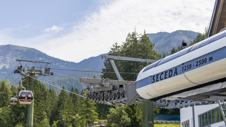 Cable car that takes visitors to the top of Seceda in Italy's Dolomites