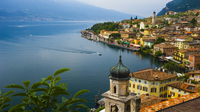 Mountain view of Limone sul Garda town and Lake Garda in Italy