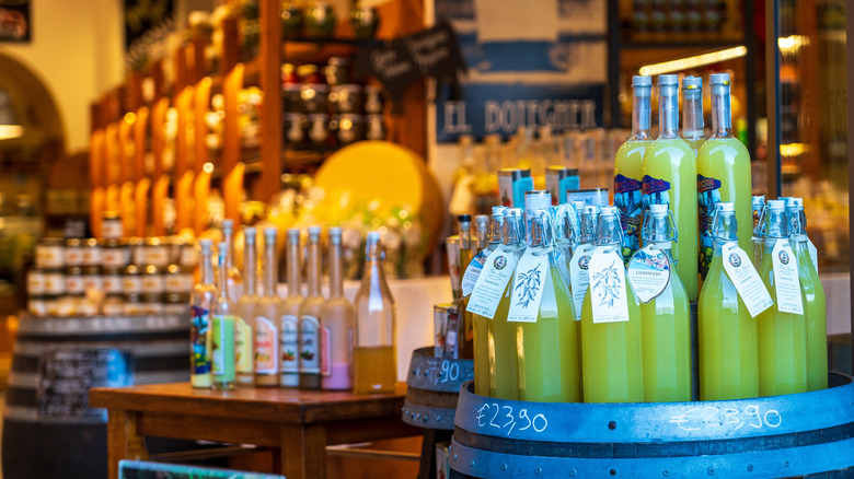 Limoncello, wines, and other foods for sale in Limone sul Garda, Italy