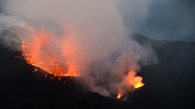 Mount Stromboli's volcanic explosions at night