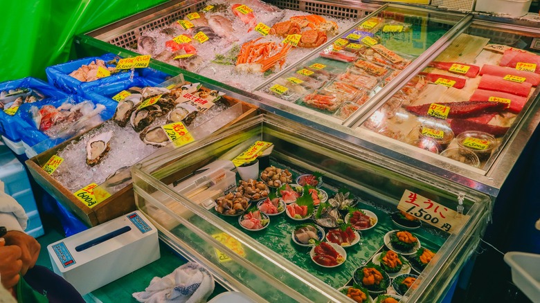 Various seafood offerings at Tsukiji Outer Market in Tokyo