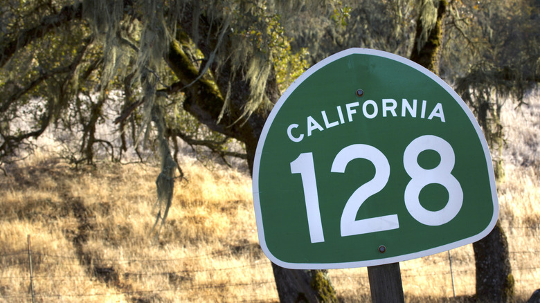 California 128 Highway sign near mossy trees