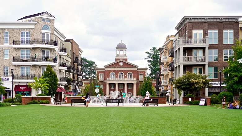 Downtown Alpharetta buildings on an overcast day