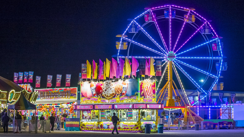 Carnival lit up at night at the Clark County Fair in Logandale, Nevada