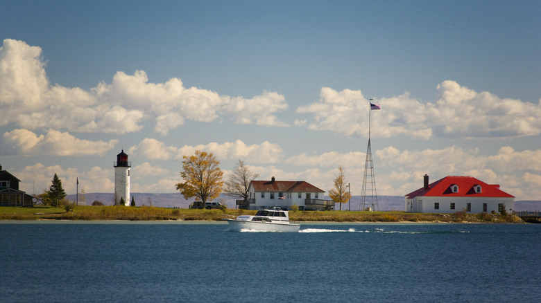 Boat passing Beaver Island shore on Lake Michigan