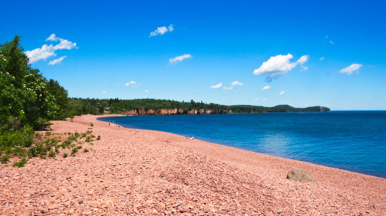 Iona's Beach in Minnesota with pink stones on a sunny day