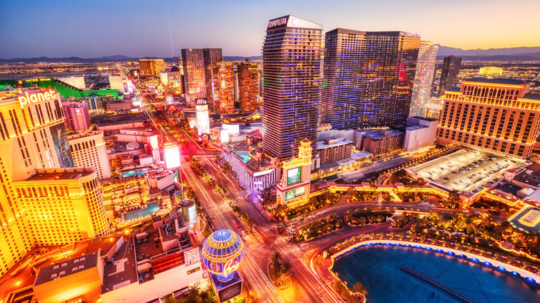 An aerial view of the Las Vegas Strip, including the Cosmopolitan hotel