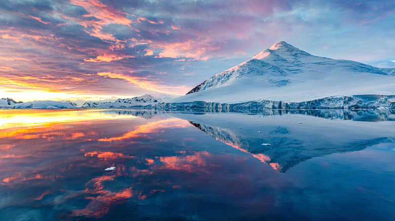 Pink sunset at Antarctic mountain and lake