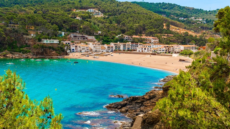 Tranquil beach cove surrounded by hills.