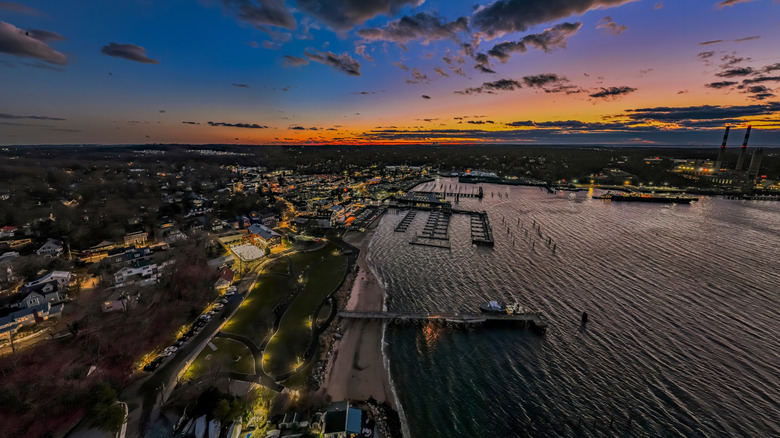 Sunset aerial view of the Port Jefferson, NY waterfront