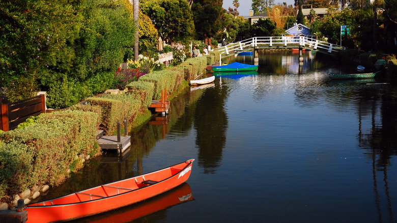 Canoe on Venice Canals in the residential area in Los Angeles, California