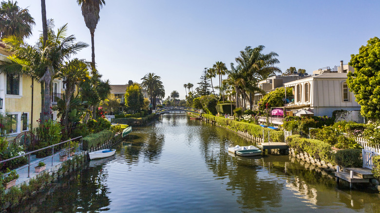 Venice Canals lined with houses in Los Angeles, California