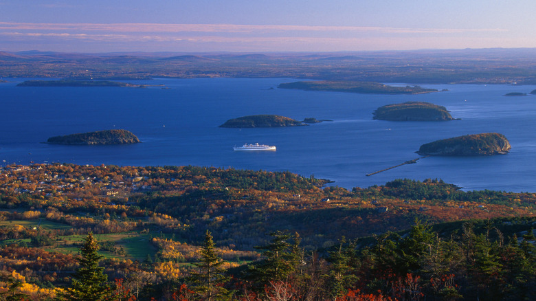 View of Bar Harbor and the Porcupine Islands from the mountains of Acadia National Park