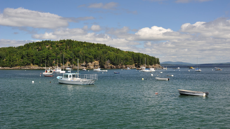 View from Bar Harbor, Maine, of boats and the Porcupine Islands