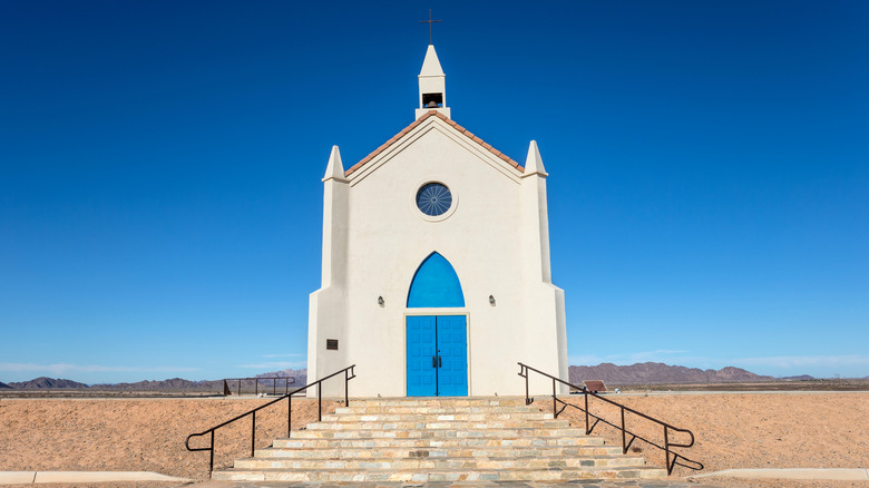 A white church at the Official Center of the World