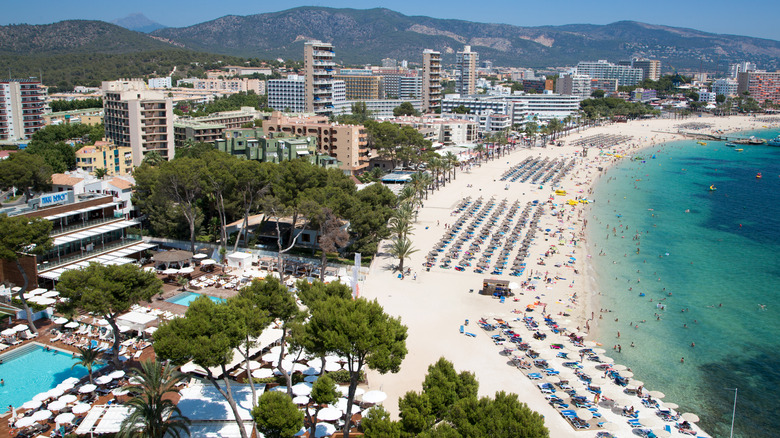 Aerial view of Magaluf Beach in Magaluf, Mallorca, Spain