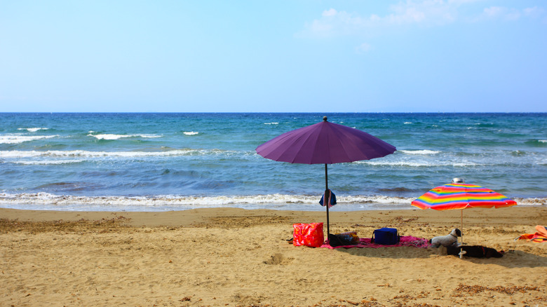 Beach in Tuscany, Italy, with sunshades