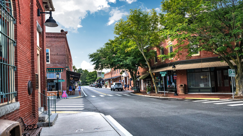 Berlin, Maryland's main street on a lightly cloudy day.