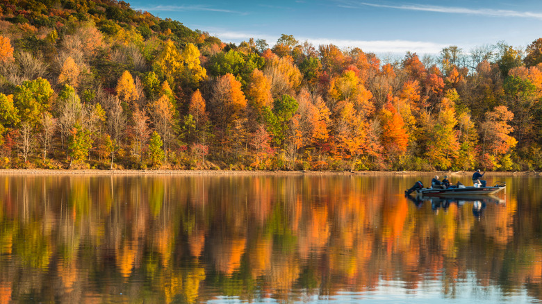 Boat on Lake Habeeb with autumn trees