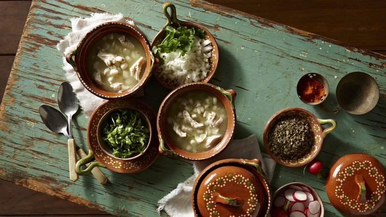 Pozole soup and garnishes