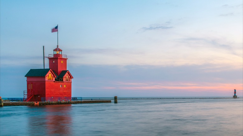 red lighthouse in Holland Michigan