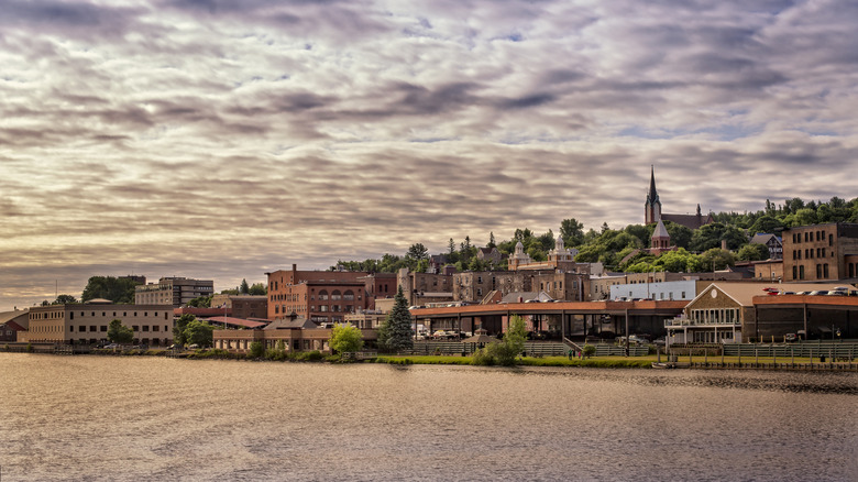 Houghton, Michigan, with a waterway in the foreground