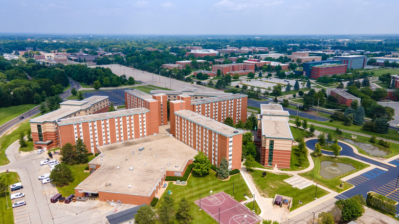 Aerial landscape of buildings and greenery in Mount Pleasant, Michigan