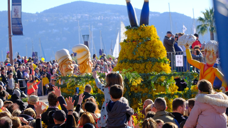 Mimosa-covered float at the Mimosa Festival in Mandelieu-La-Napoule