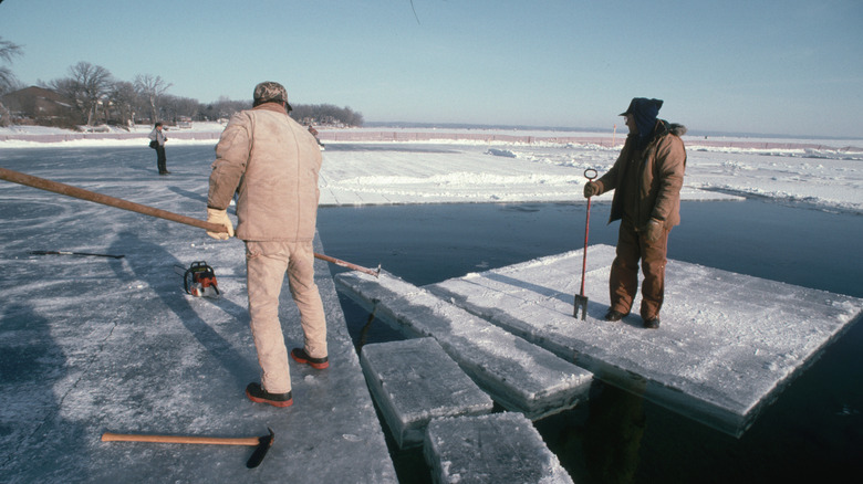 Cutting ice blocks in Minnesota