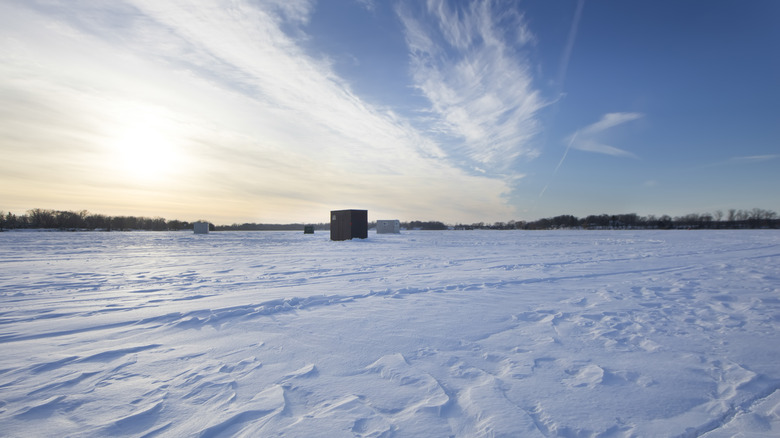 Heated ice-fishing huts on a Minnesota lake