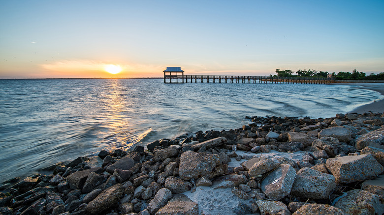 Sunset over the water at Pass Christian, Mississippi