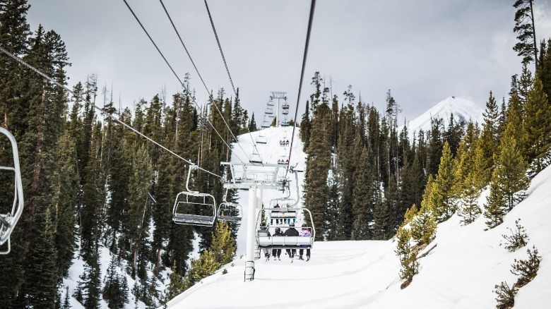 Snowy ski lift surrounded by green trees