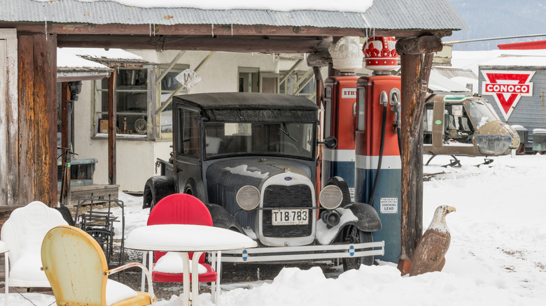 Restored gas station at the Miracle of America Museum in Polson, Montana