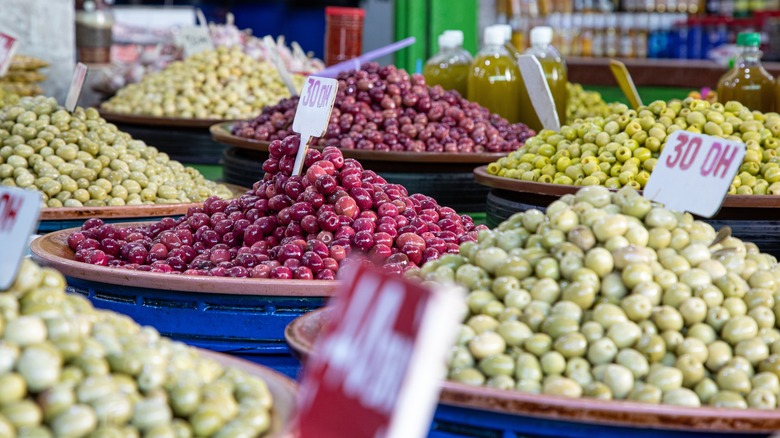 Olives in a food stall in Casablanca's Central Market