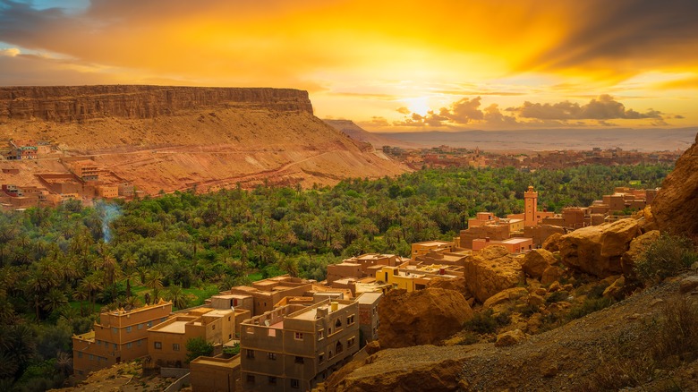 View of the Dadès Gorge, the kasbahs, and the Amazigh (Berber) villages at sunset in Morocco