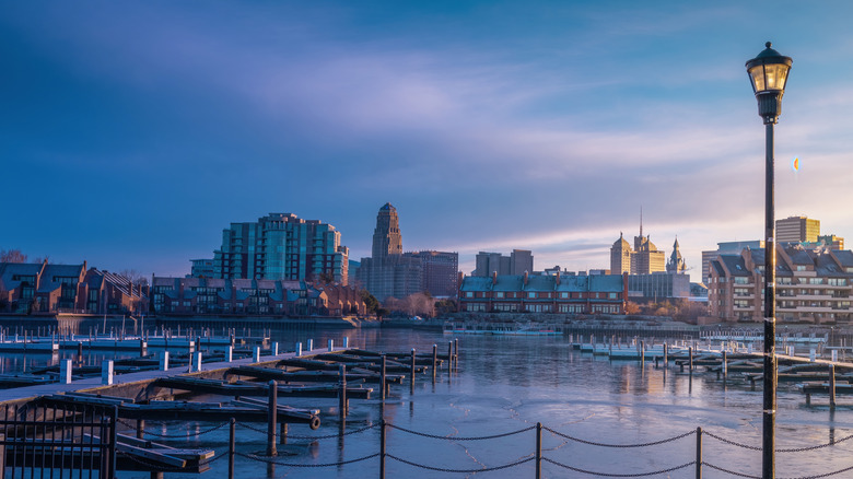 A view of a marina in Buffalo with buildings in the background