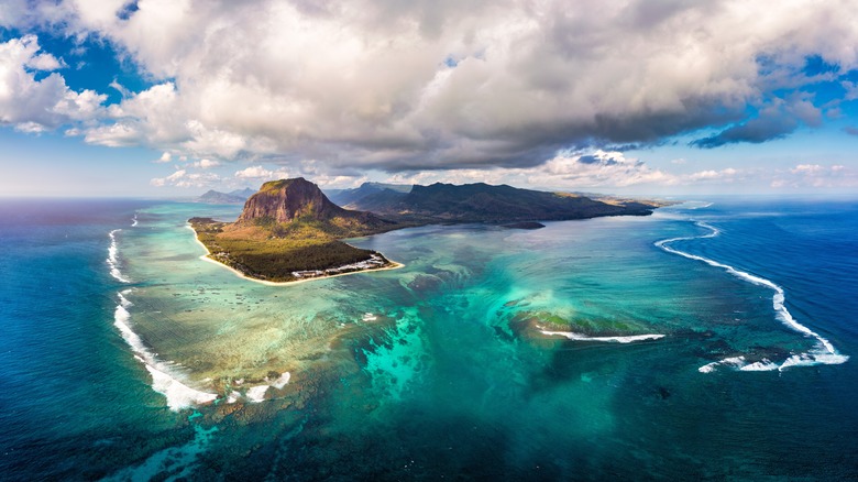 Aerial view of the underwater waterfall in Mauritius in the Indian Ocean