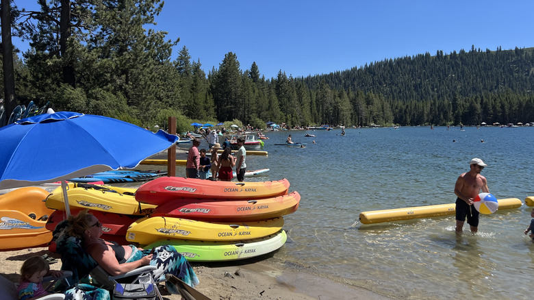 People enjoying the water and kayaking on Donner Lake in Northern California