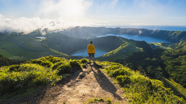 Hiker at Sete Cidades viewpoint