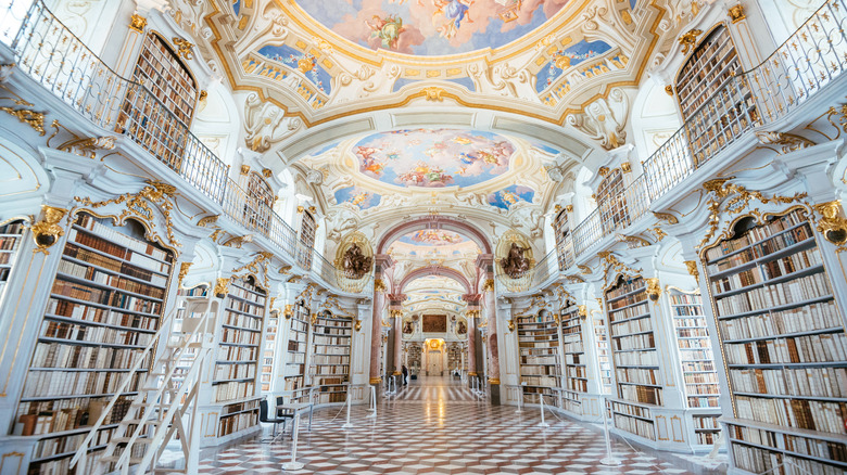 Gold, white, and muraled Admont Abbey Library in Austria