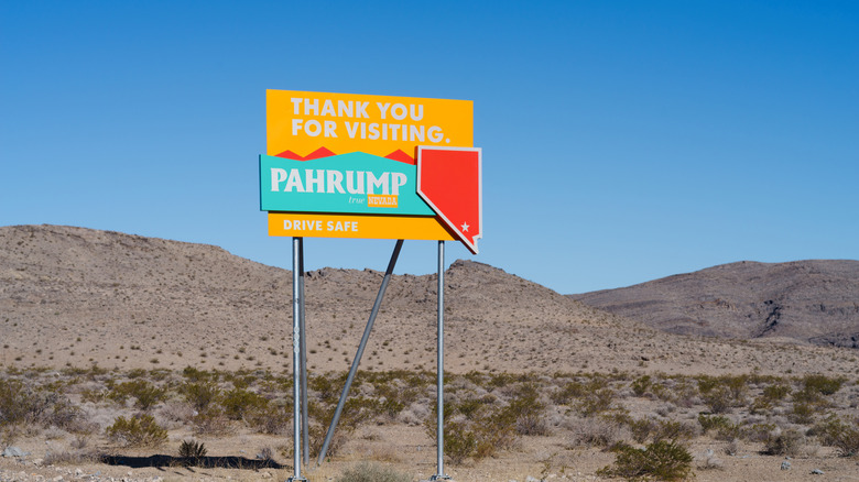 Pahrump sign against a beautiful desert landscape