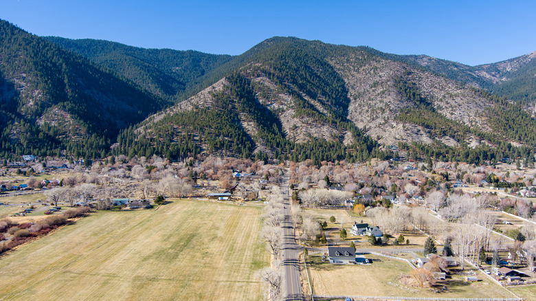 Aerial mountain view of the town of Genoa, Nevada