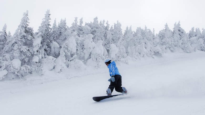 A snowboarder riding down a slope in New Hampshire