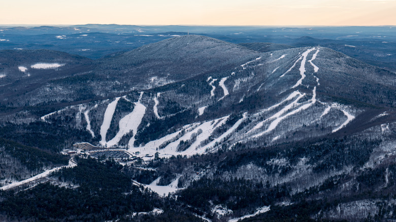 Snow covered mountains at Gunstock Mountain resort in New Hampshire