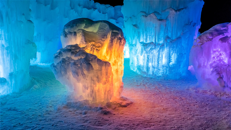 Ice Castles illuminated with colorful lights