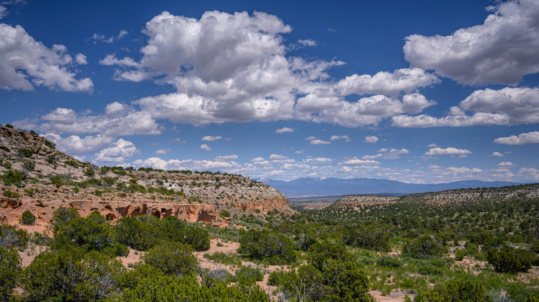 View of the ancestral Pueblo village of Tsankawi along the Tsankawi Ruins Trail in Bandelier National Monument, New Mexico