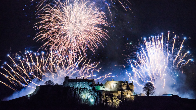 Fireworks over a castle in Scotland